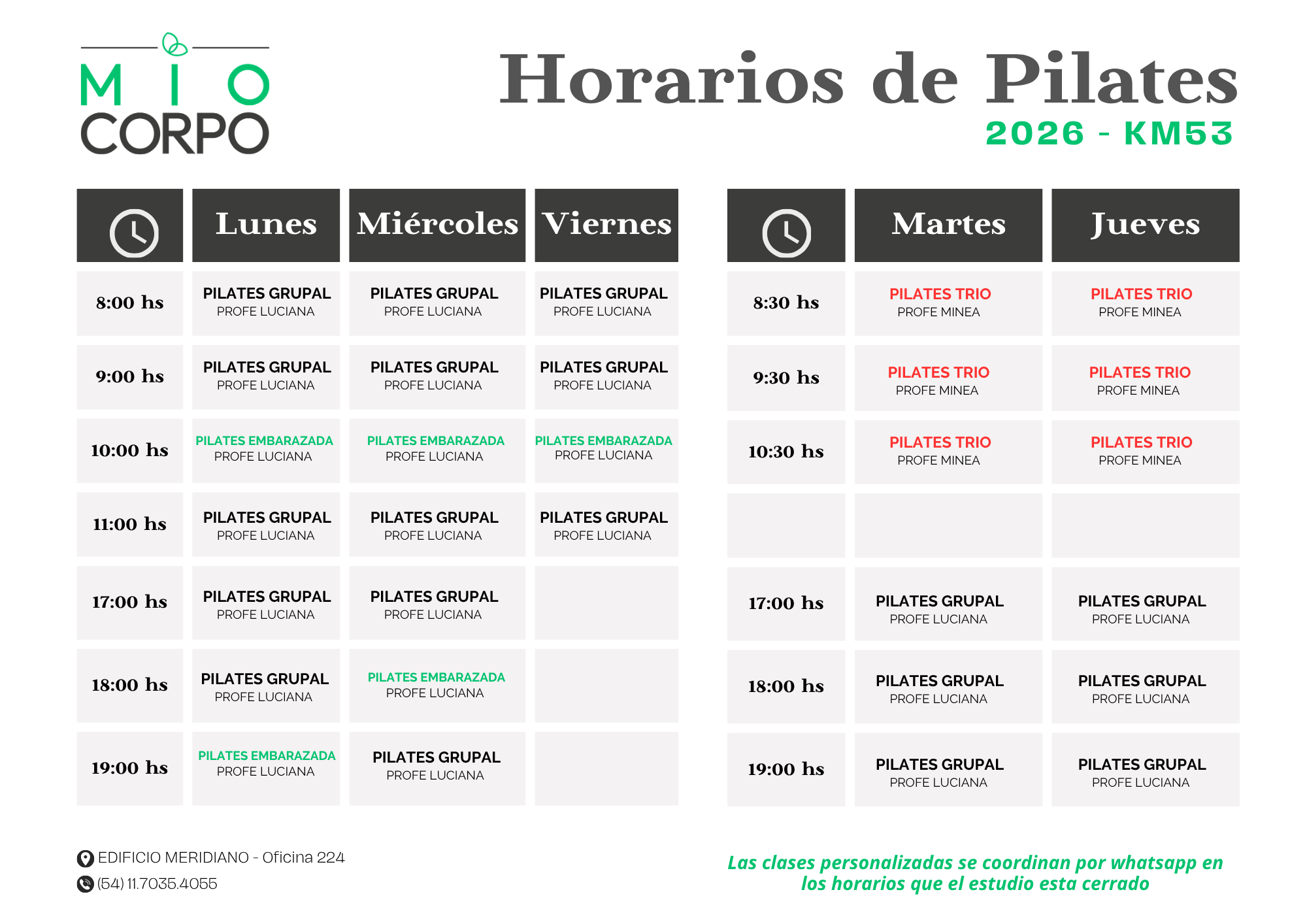 Horario de clases Miocorpo Pilates KM53